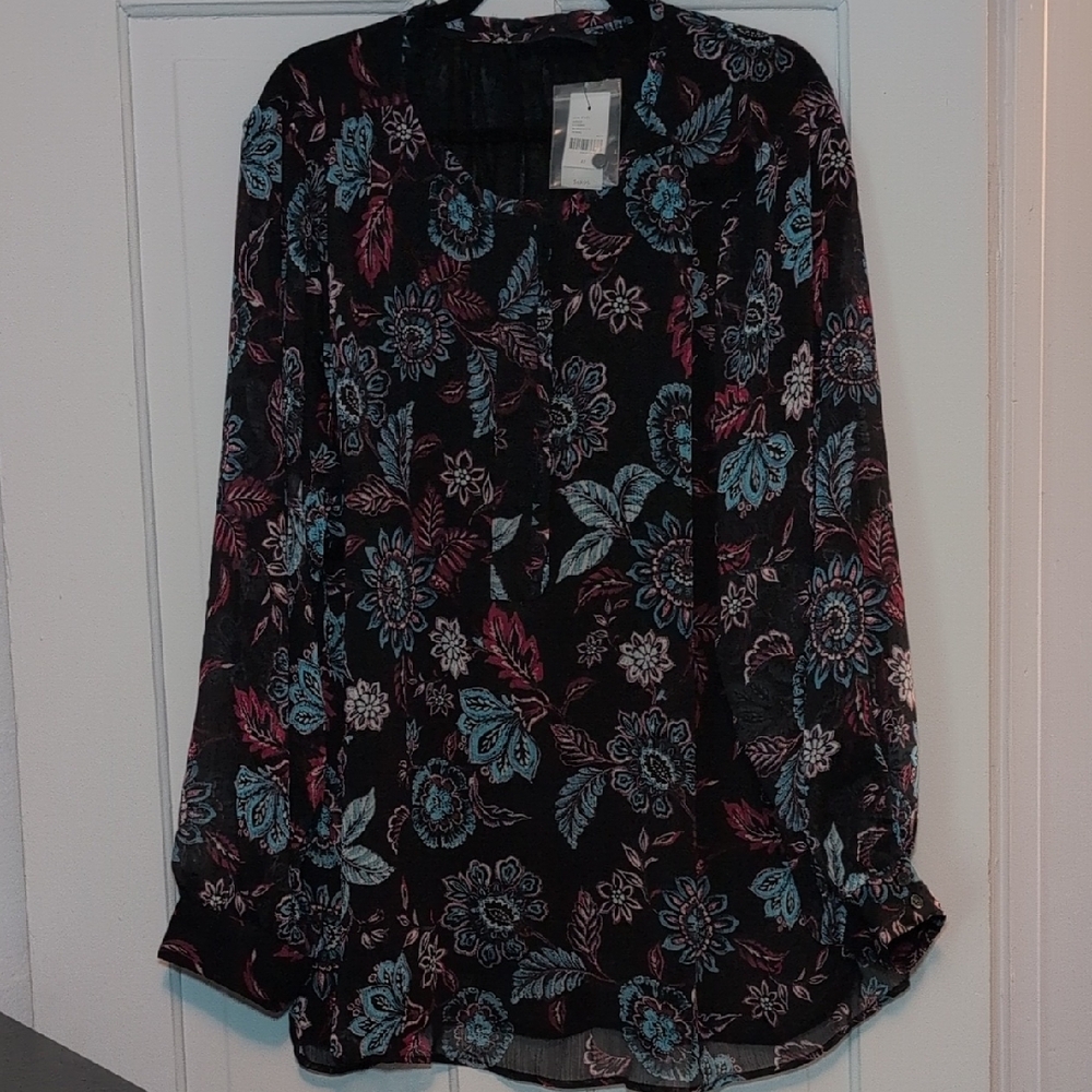 Lane Bryant Black Floral Blouse with Blue and Pink Accents